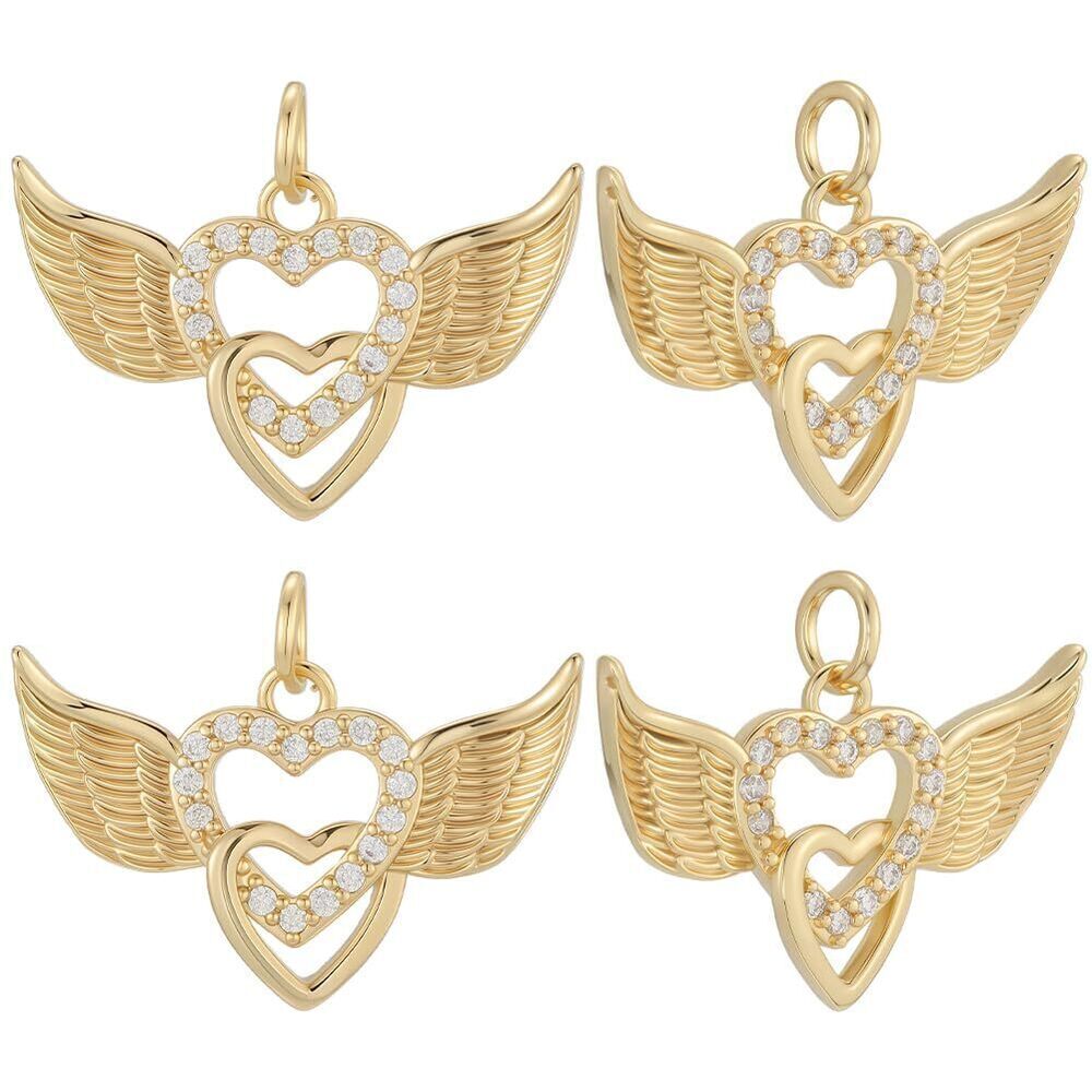 4976 1 Box 8Pcs Heart with Wings Charm 18K Gold Plated Cubic Zirconia